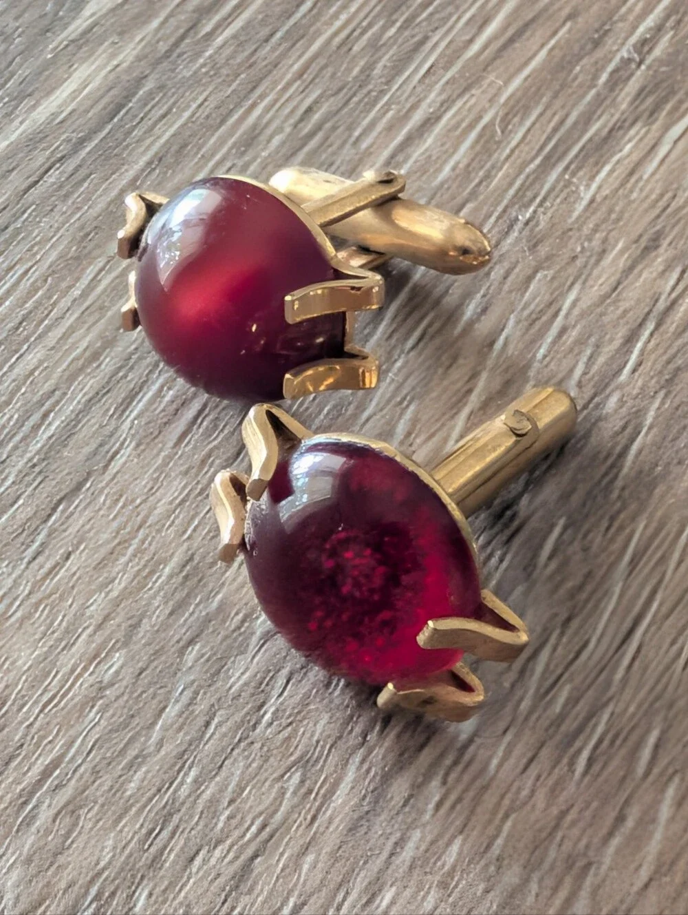Vintage Lot Of 3 Swank Gold Tone Cufflink Sets with Deep Red Cabochon Accents